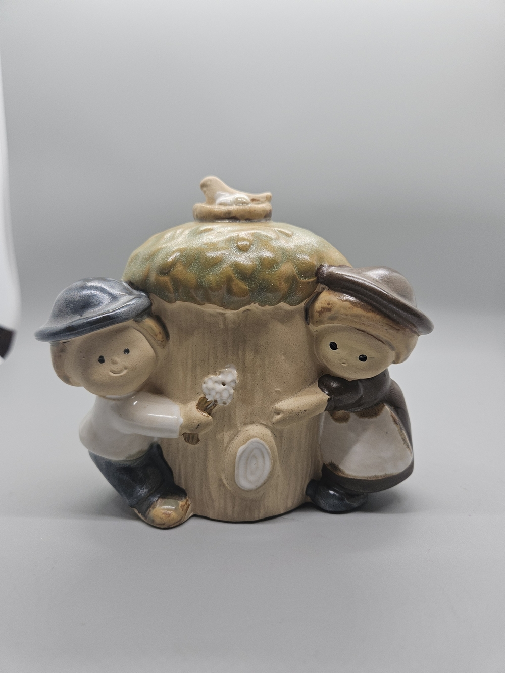Vintage UCTCI Japan Ceramic Coin Bank Boy Girl Tree Trunk Bird Stopper 1970s